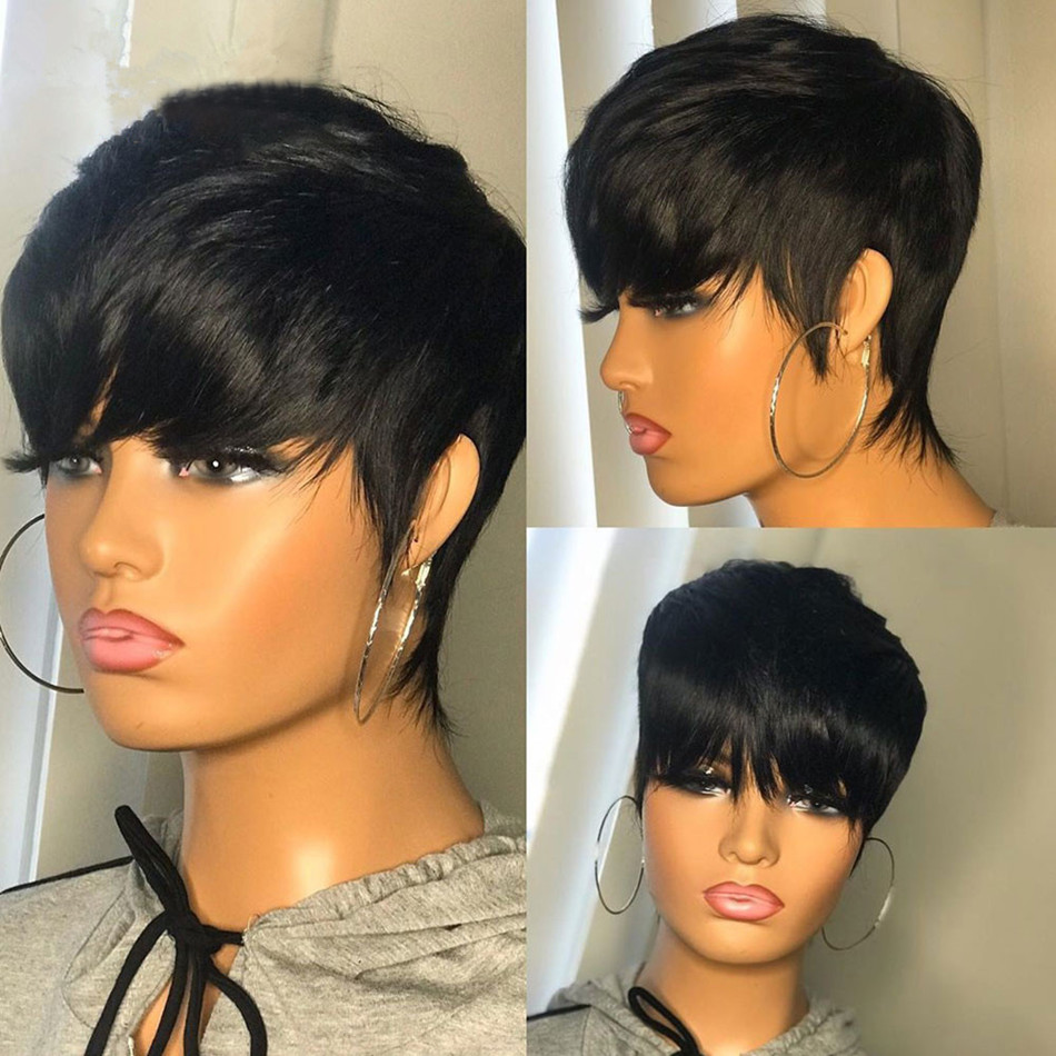 Short Pixie Cut Wig Human Hair Cheap - วิกผมสั้นทรงพิกซี่คัท ผมตรงแบบบราซิล สำหรับผู้หญิงผิวสี วิกทำด้วยเครื่องจักร มีหน้าม้า ราคาถูก