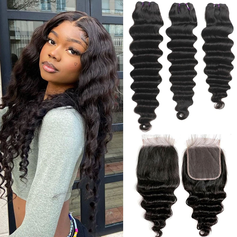 Deep Wave 3 Bundles With Closure - ผมลอนลึกแบบหลวมพร้อมปิดผมด้วยลูกไม้ HD ขนาด 5x5 6x6 และผมแท้ดิบพร้อมปิดผมด้านหน้าขนาด