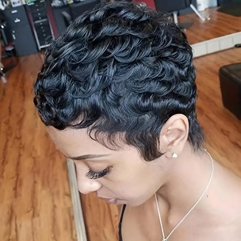 Short Pixie Cut Wig Human Hair Cheap - วิกผมบ๊อบสั้นทรงพิกซี่ วิกผมหยิกแบบพิกซี่ ผมแท้บราซิล สำหรับผู้หญิงผิวสี วิกผมทำด้วยเครื่องจักร มีหน้าม้า