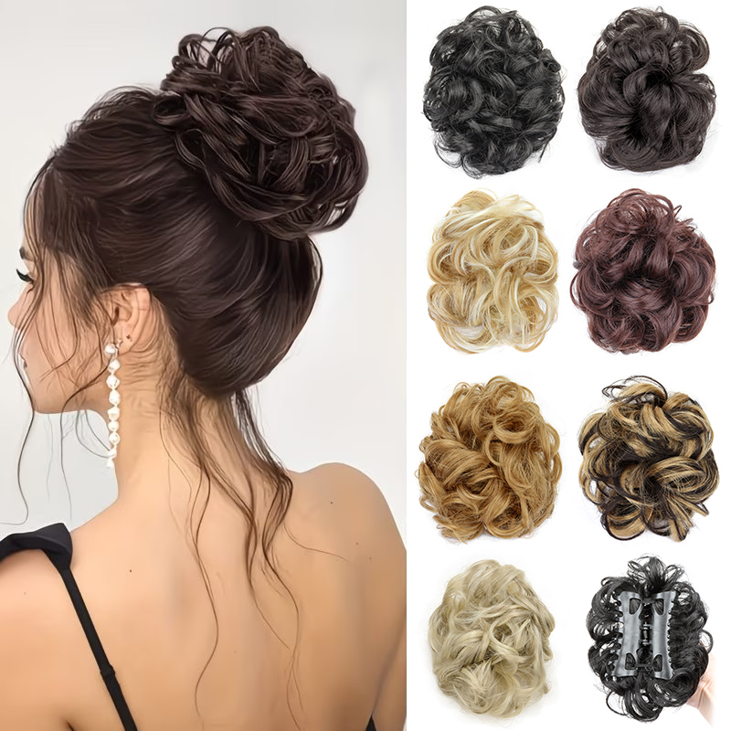 Claw Clip Messy Bun Hair Piece - ผมปลอมแบบมัดจุกสั้นหยิก ติดกิ๊บหนีบ ทรงชิญอง สวยหรู สำหรับผู้หญิง สวมใส่ง่าย