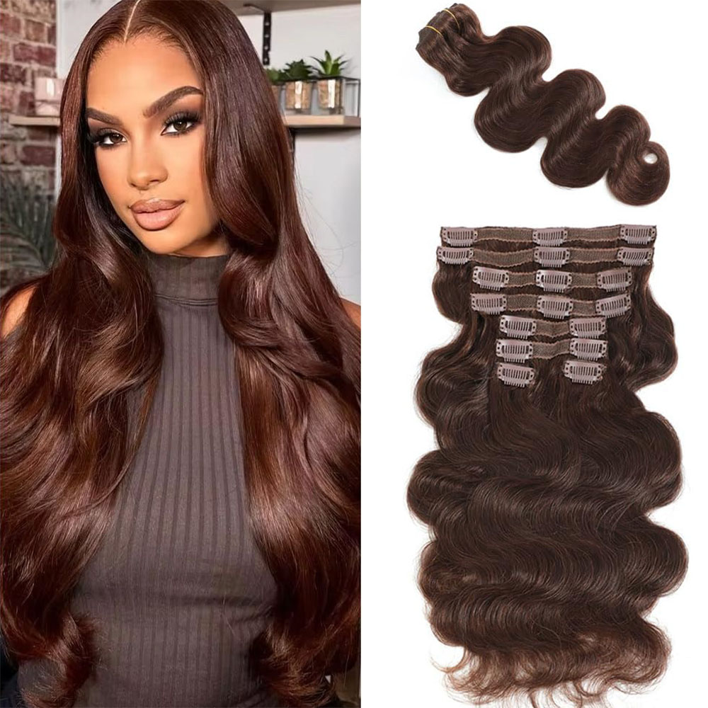 Seamless Clip In Hair Extensions Human Hair - # คลิปต่อผมแท้สีน้ำตาลช็อกโกแลตแบบ Body Wave 4 ชิ้น