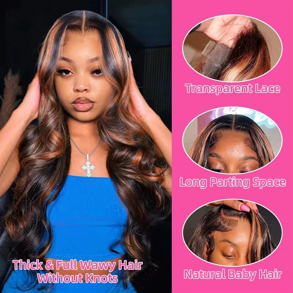 Lace Front Wigs - วิกผมหน้าผากลูกไม้แบบไฮไลท์ออมเบร 13x4 ผมแท้แบบลอนบอดี้เวฟ พร้อมถอนขนด้านหน้า 13x6 สีน้ำตาล