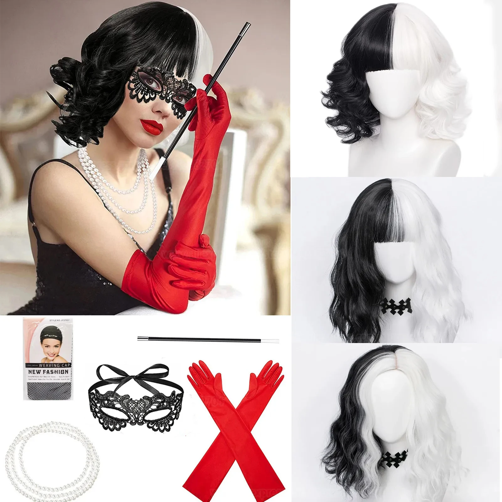 Synthetic Braided Wigs For Black Women - วิกผมคอสเพลย์อนิเมะ Cruella de Vil อุปกรณ์ประกอบฉาก วิกผมหยิกครึ่งดำครึ่งขาว