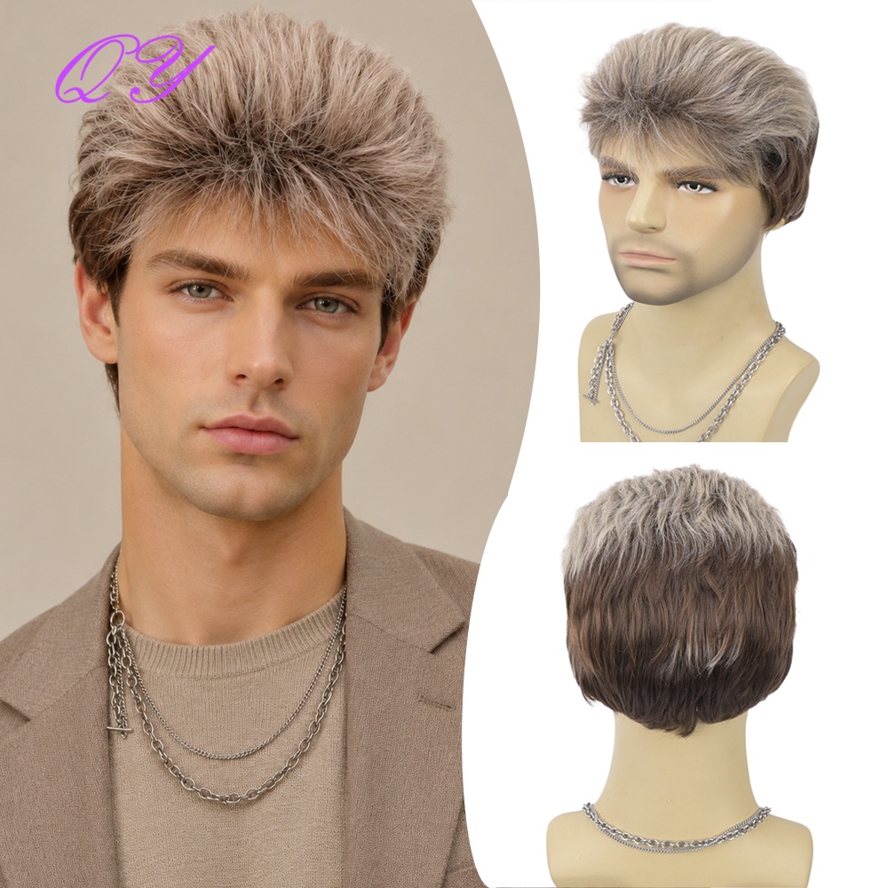 Synthetic Wigs - วิกผมสั้นสีน้ำตาลฟลาซเซนสังเคราะห์สำหรับผู้ชาย วิกผมฟูเป็นชั้นๆ พร้อมหน้าม้า วิกผมไฟเบอร์คุณภาพสูง ทนความร้อนสูง สำหรับใช้ในชีวิตประจำวันหรืองานปาร์ตี้