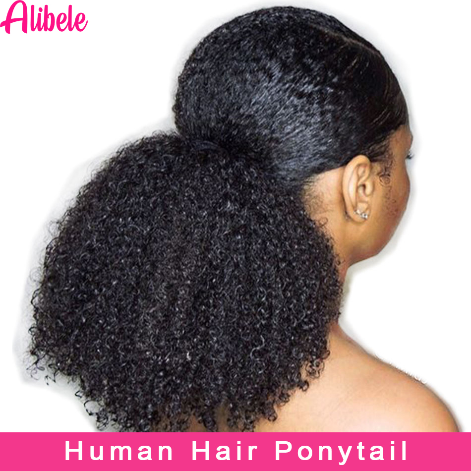 Seamless Clip In Hair Extensions Human Hair - Alibele mogolian Afro Kinky ผมต่อมนุษย์ผมหางม้าแบบผูกเชือก4B 4C