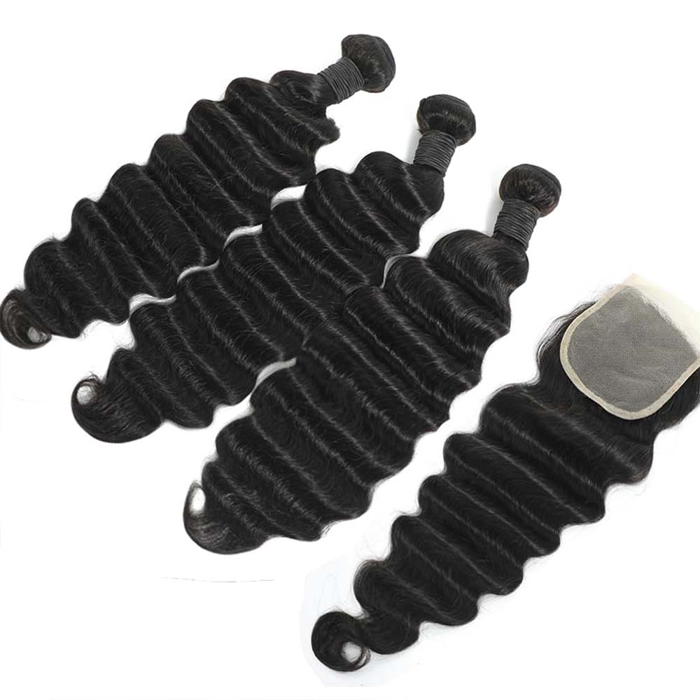 ผมมนุษย์ลอนลึกแบบธรรมชาติพร้อม - Deep Wave 3 Bundles With Closure บทวิจารณ์และราคา