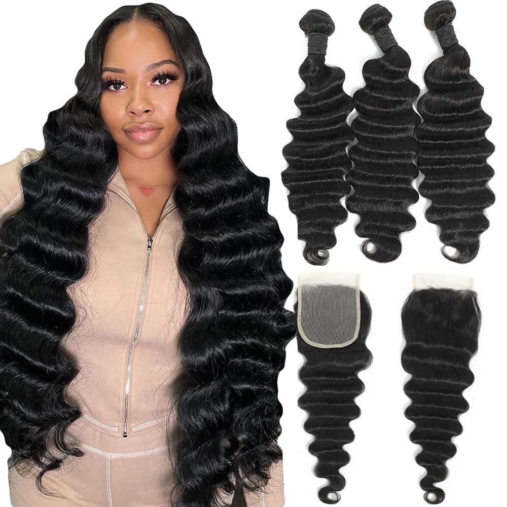 ผมมนุษย์ลอนลึกแบบธรรมชาติพร้อม - Deep Wave 3 Bundles With Closure บทวิจารณ์และราคา