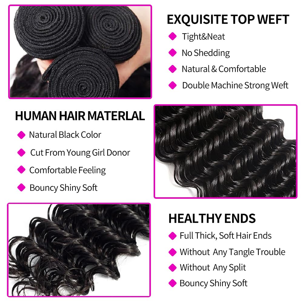 ผมแท้แบบมัดพร้อมเชือกผูกผมแบบล - Deep Wave 3 Bundles With Closure บทวิจารณ์และราคา