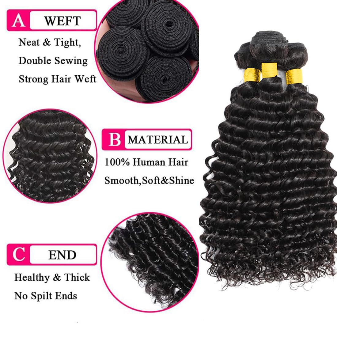 ผมแท้แบบมัดพร้อมเชือกผูกผมแบบล - Deep Wave 3 Bundles With Closure บทวิจารณ์และราคา